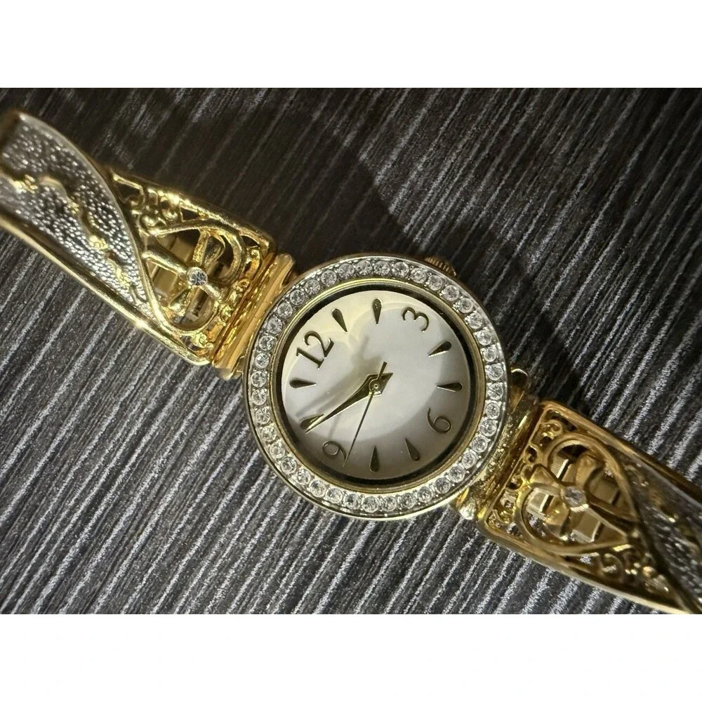 Mother Of Pearl Womens Gold Tone Cross Watch Stretch Christian Band New Battery